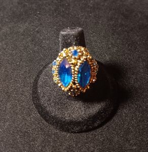 Vintage Brass Women's Ring With Blue Stones, Adjustable Sizing